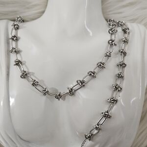 Elegant Knotted Style Silver Chain Necklace And Bracelet